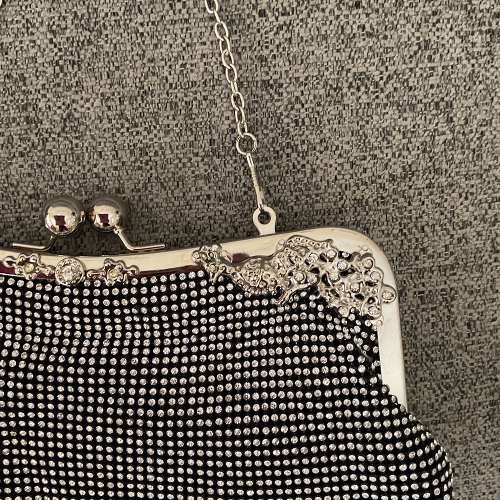 Vintage Inspired Black Rhinestone Evening Clutch Bag Crystal Floral Detail - Picture 3 of 4
